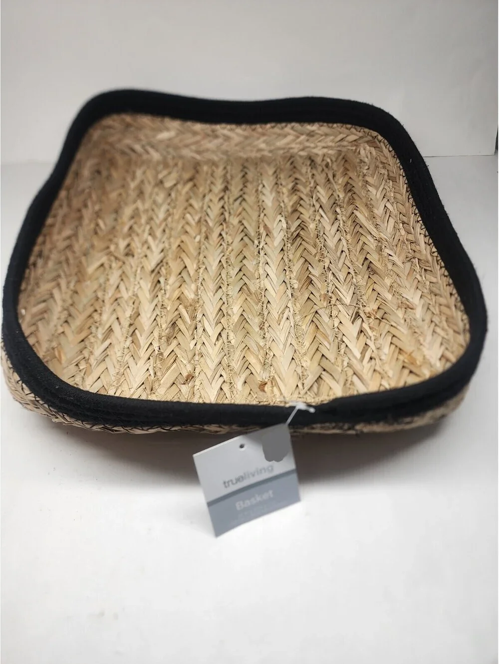 Farmhouse Woven Shallow Basket by True Living Black Cloth Trim 13”x12”x2” NWT